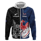 France And New Zealand Rugby Custom Zip Hoodie Les Bleus Rooster With Maori Tiki - Aussie Hoodie