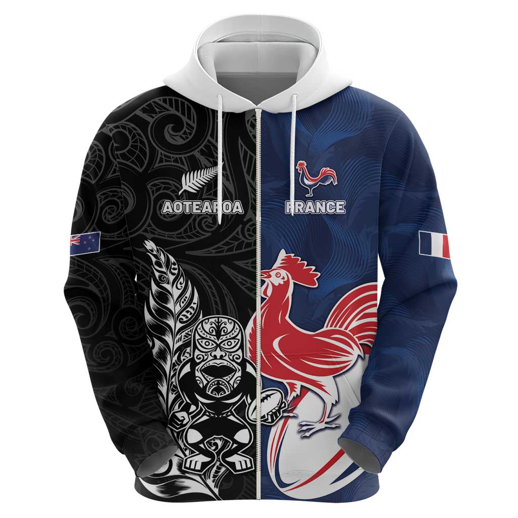 France And New Zealand Rugby Custom Zip Hoodie Les Bleus Rooster With Maori Tiki - Aussie Hoodie