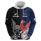 France And New Zealand Rugby Custom Zip Hoodie Les Bleus Rooster With Maori Tiki - Aussie Hoodie