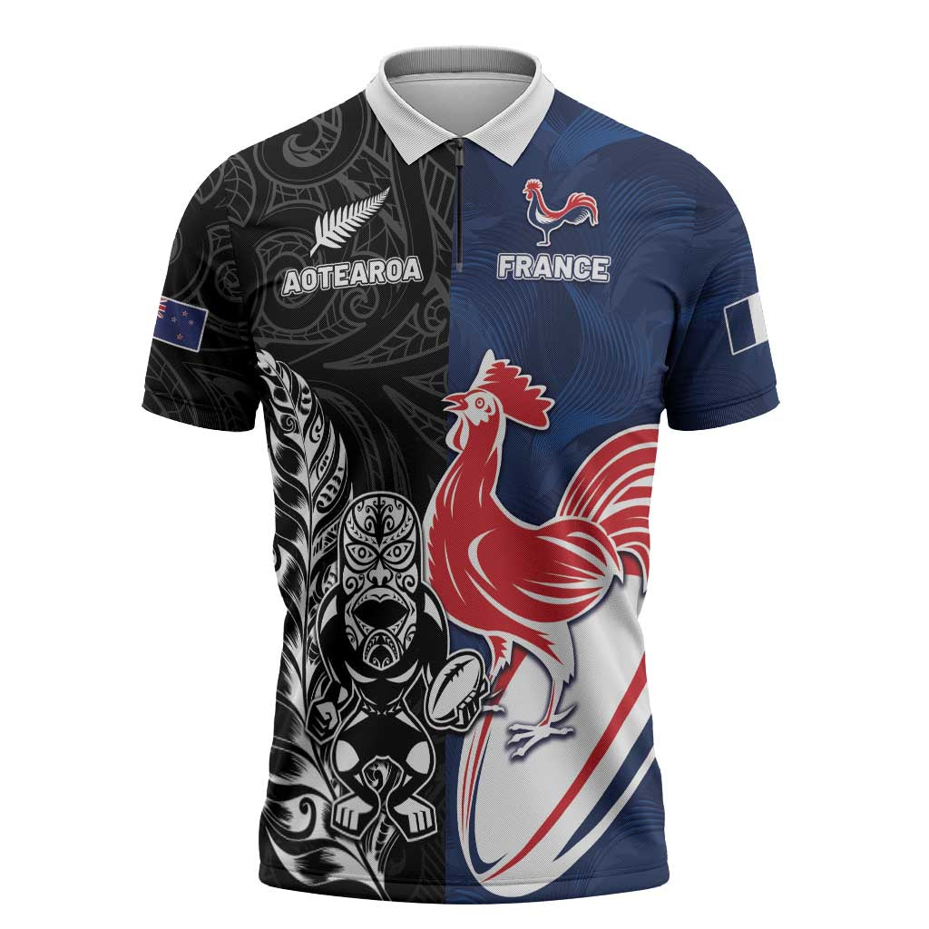 France And New Zealand Rugby Custom Zipper Polo Shirt Les Bleus Rooster With Maori Tiki - Aussie Hoodie