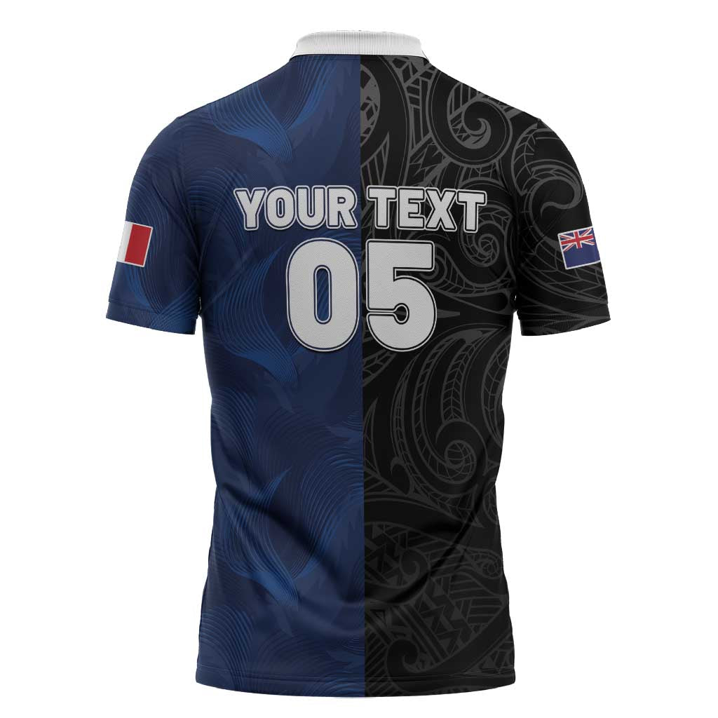 France And New Zealand Rugby Custom Zipper Polo Shirt Les Bleus Rooster With Maori Tiki - Aussie Hoodie