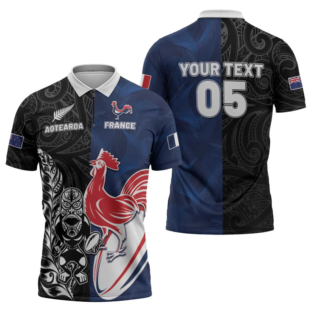 France And New Zealand Rugby Custom Zipper Polo Shirt Les Bleus Rooster With Maori Tiki - Aussie Hoodie