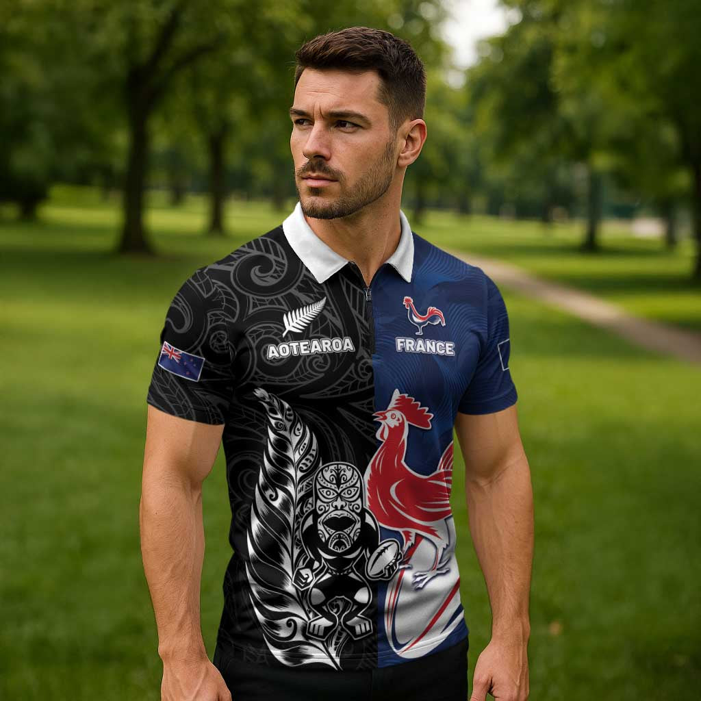 France And New Zealand Rugby Custom Zipper Polo Shirt Les Bleus Rooster With Maori Tiki - Aussie Hoodie
