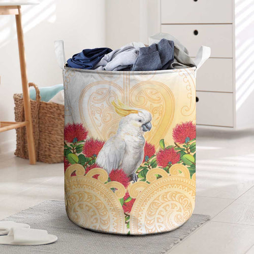 New Zealand Aotearoa Cockatoo Laundry Basket Maori Pattern With Pohutukawa Flowers