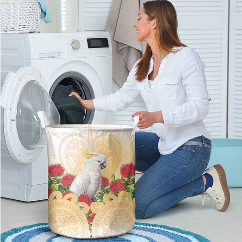 New Zealand Aotearoa Cockatoo Laundry Basket Maori Pattern With Pohutukawa Flowers