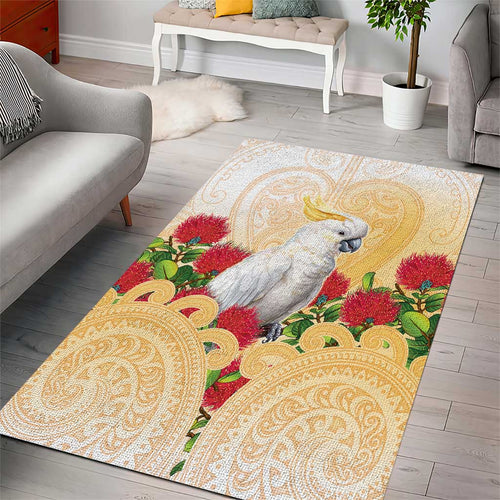 New Zealand Aotearoa Cockatoo Area Rug Maori Pattern With Pohutukawa Flowers