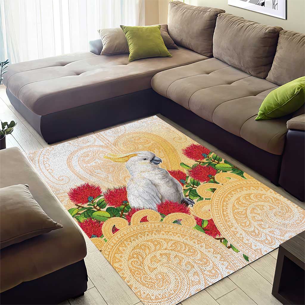 New Zealand Aotearoa Cockatoo Area Rug Maori Pattern With Pohutukawa Flowers