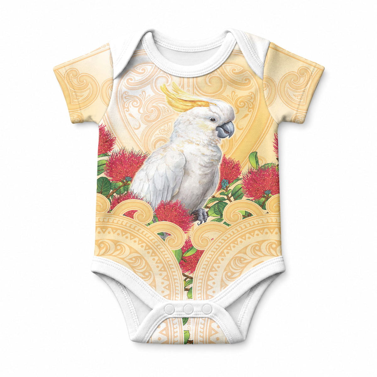 New Zealand Aotearoa Cockatoo Baby Onesie Maori Pattern With Pohutukawa Flowers