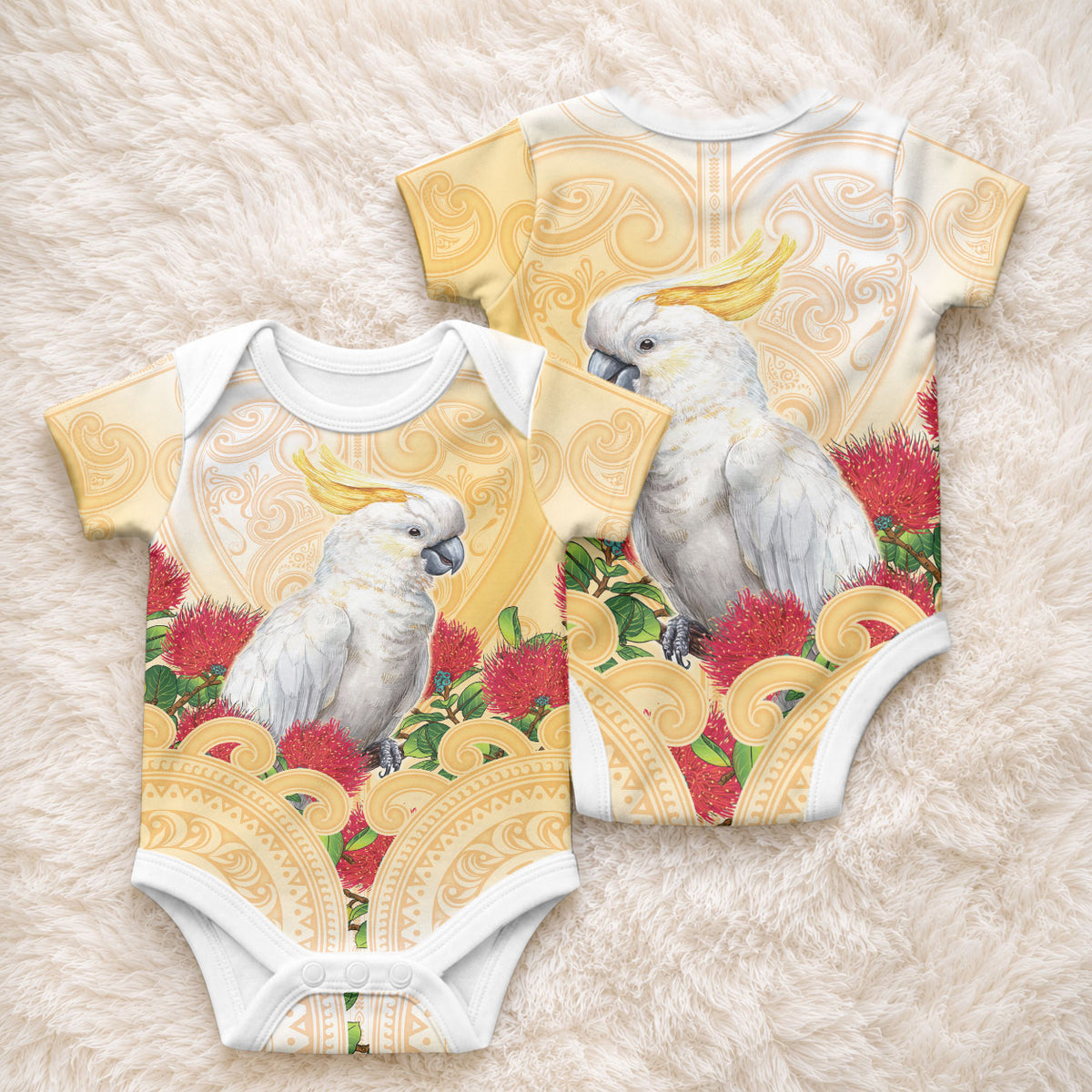 New Zealand Aotearoa Cockatoo Baby Onesie Maori Pattern With Pohutukawa Flowers