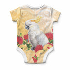 New Zealand Aotearoa Cockatoo Baby Onesie Maori Pattern With Pohutukawa Flowers