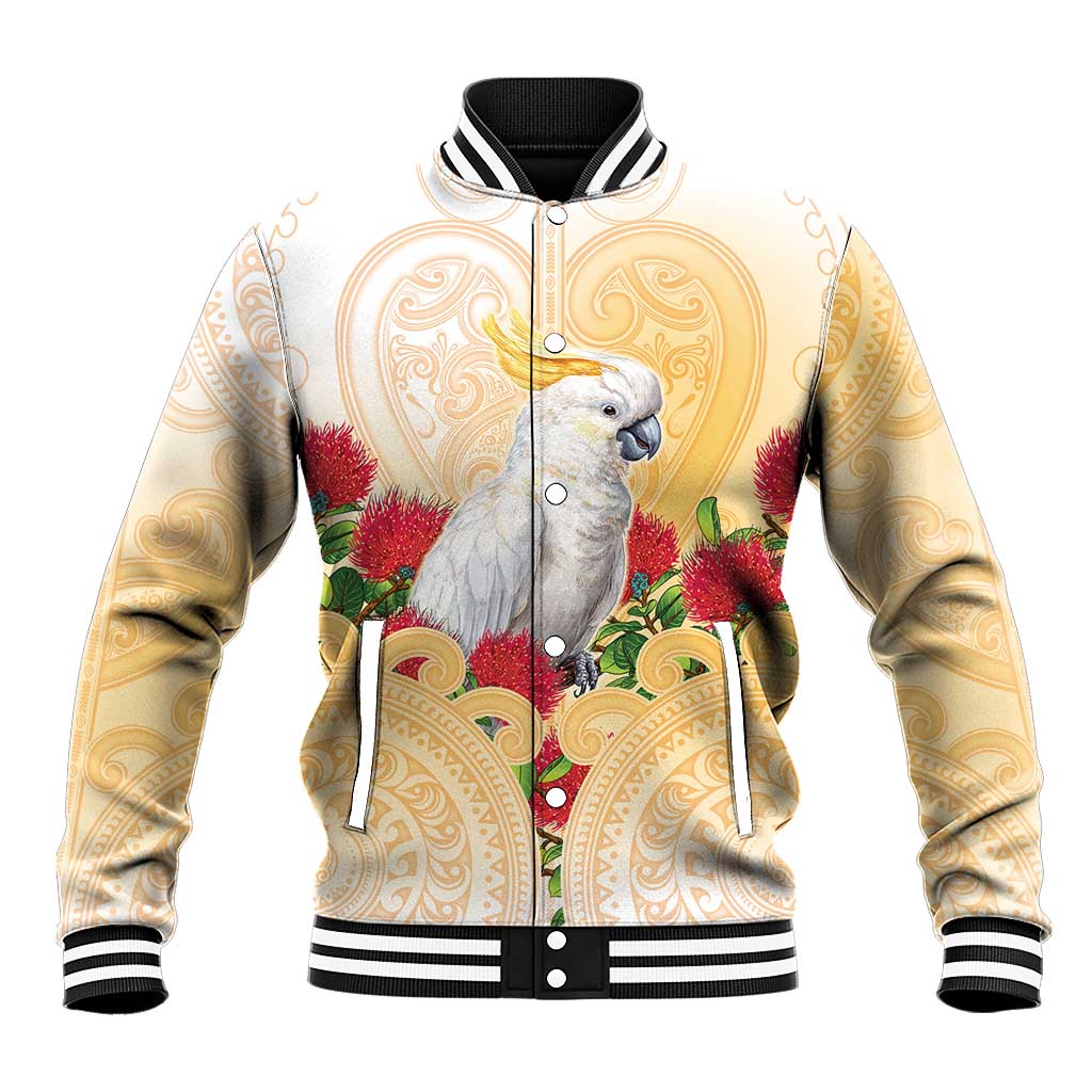 New Zealand Aotearoa Cockatoo Baseball Jacket Maori Pattern With Pohutukawa Flowers