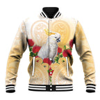 New Zealand Aotearoa Cockatoo Baseball Jacket Maori Pattern With Pohutukawa Flowers