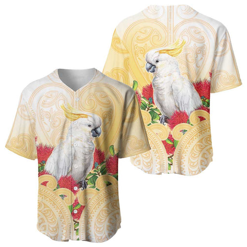 New Zealand Aotearoa Cockatoo Baseball Jersey Maori Pattern With Pohutukawa Flowers