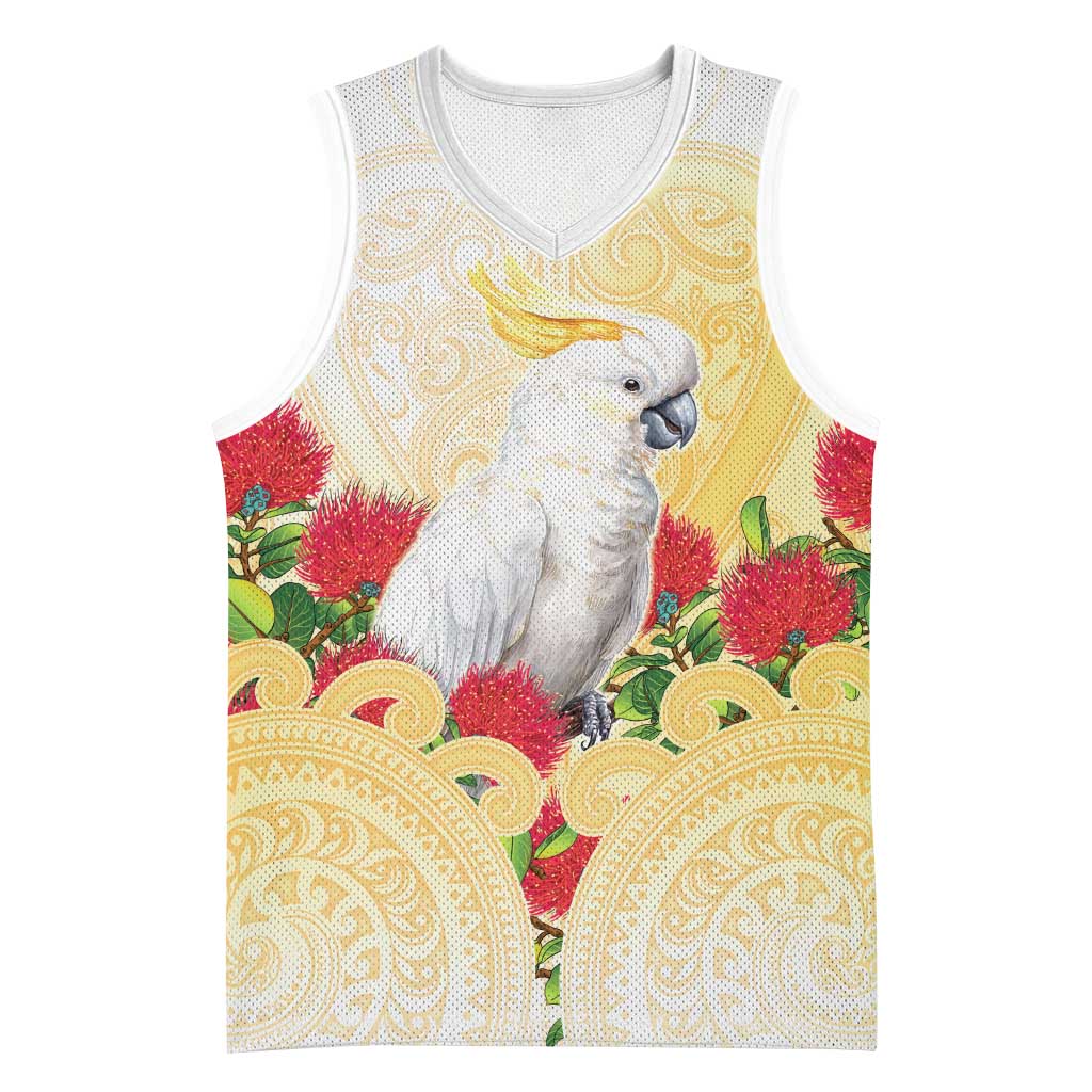New Zealand Aotearoa Cockatoo Basketball Jersey Maori Pattern With Pohutukawa Flowers
