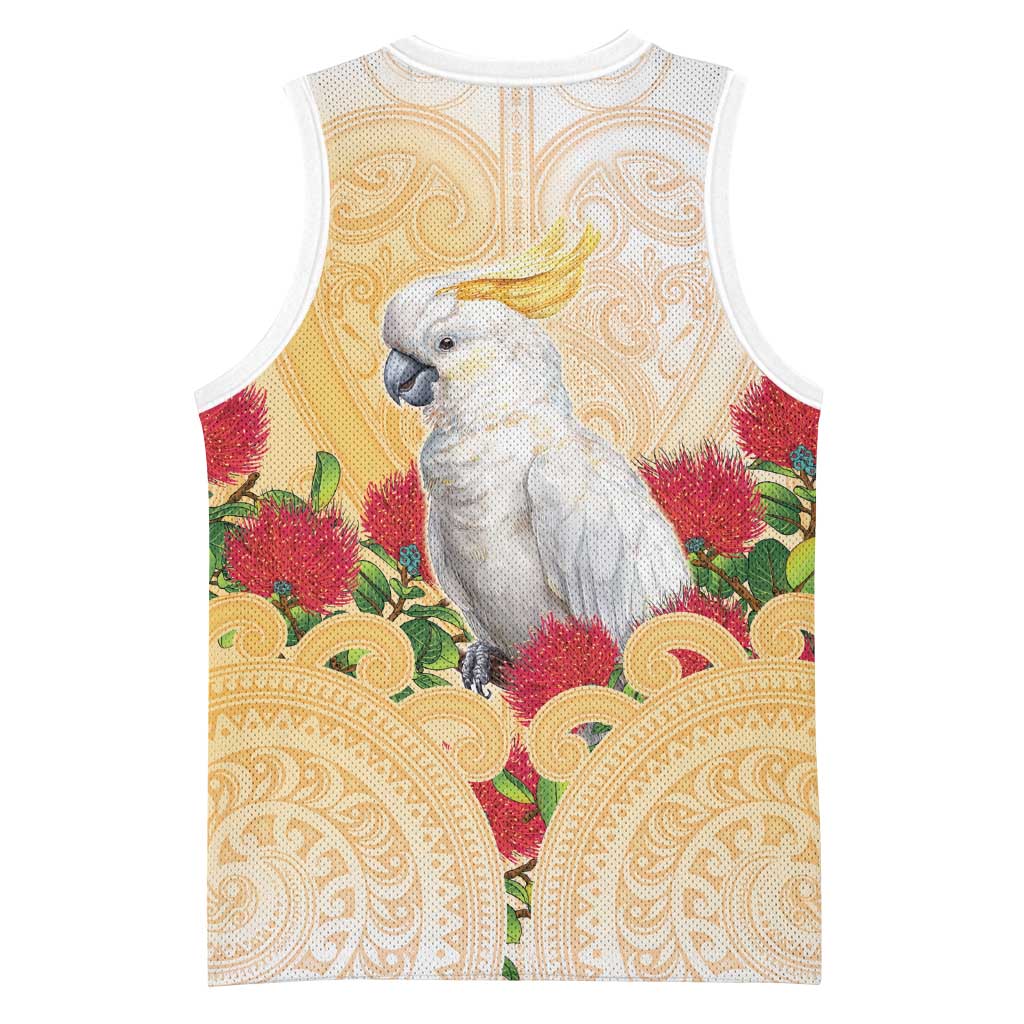 New Zealand Aotearoa Cockatoo Basketball Jersey Maori Pattern With Pohutukawa Flowers