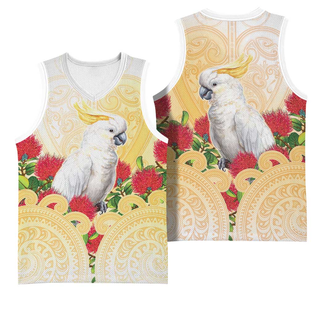 New Zealand Aotearoa Cockatoo Basketball Jersey Maori Pattern With Pohutukawa Flowers