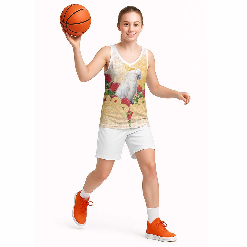 New Zealand Aotearoa Cockatoo Basketball Jersey Maori Pattern With Pohutukawa Flowers