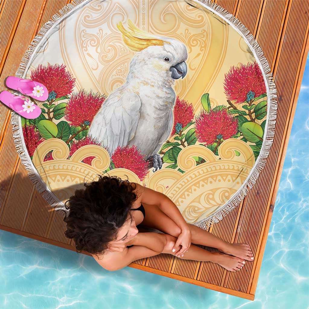 New Zealand Aotearoa Cockatoo Beach Blanket Maori Pattern With Pohutukawa Flowers