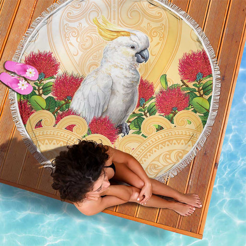 New Zealand Aotearoa Cockatoo Beach Blanket Maori Pattern With Pohutukawa Flowers