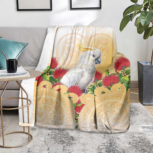 New Zealand Aotearoa Cockatoo Blanket Maori Pattern With Pohutukawa Flowers