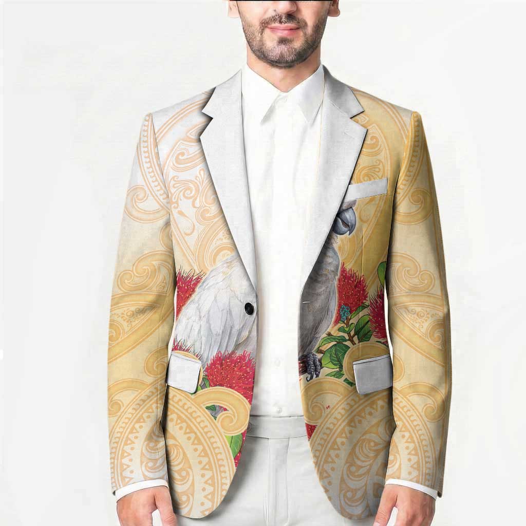 New Zealand Aotearoa Cockatoo Blazer Maori Pattern With Pohutukawa Flowers
