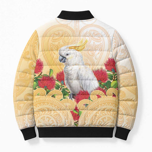 New Zealand Aotearoa Cockatoo Bomber Puffer Jacket Maori Pattern With Pohutukawa Flowers