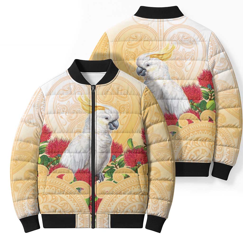 New Zealand Aotearoa Cockatoo Bomber Puffer Jacket Maori Pattern With Pohutukawa Flowers