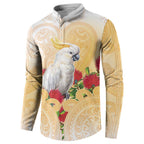 New Zealand Aotearoa Cockatoo Button Sweatshirt Maori Pattern With Pohutukawa Flowers