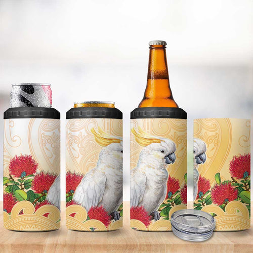 New Zealand Aotearoa Cockatoo 4 in 1 Can Cooler Tumbler Maori Pattern With Pohutukawa Flowers