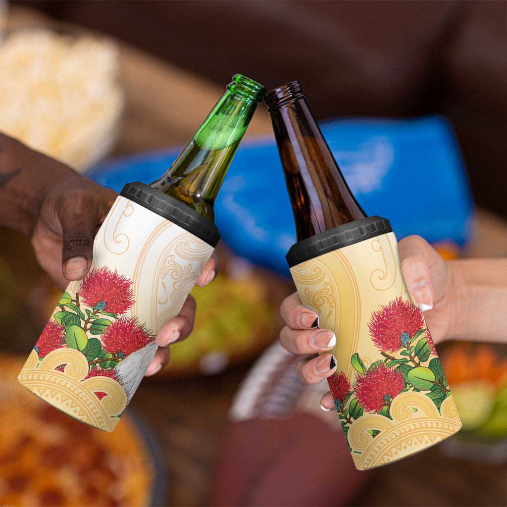 New Zealand Aotearoa Cockatoo 4 in 1 Can Cooler Tumbler Maori Pattern With Pohutukawa Flowers