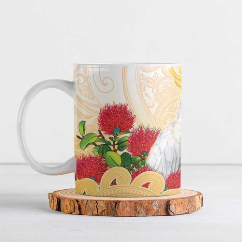 New Zealand Aotearoa Cockatoo Ceramic Mug Maori Pattern With Pohutukawa Flowers