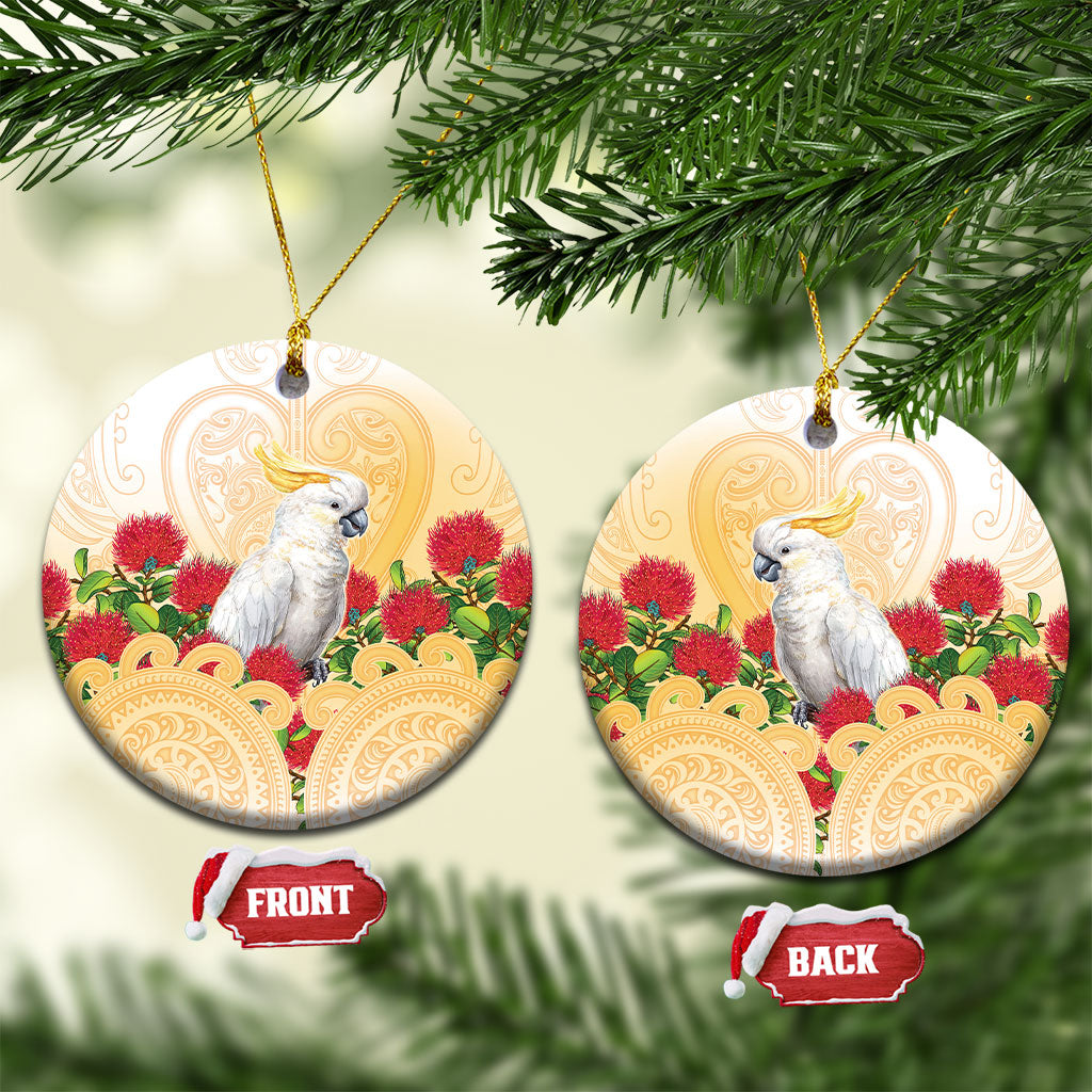 New Zealand Aotearoa Cockatoo Ceramic Ornament Maori Pattern With Pohutukawa Flowers