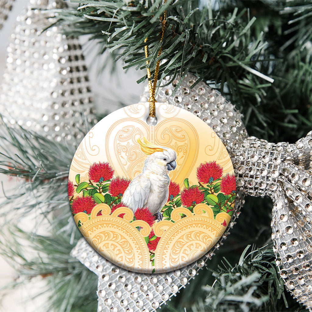 New Zealand Aotearoa Cockatoo Ceramic Ornament Maori Pattern With Pohutukawa Flowers