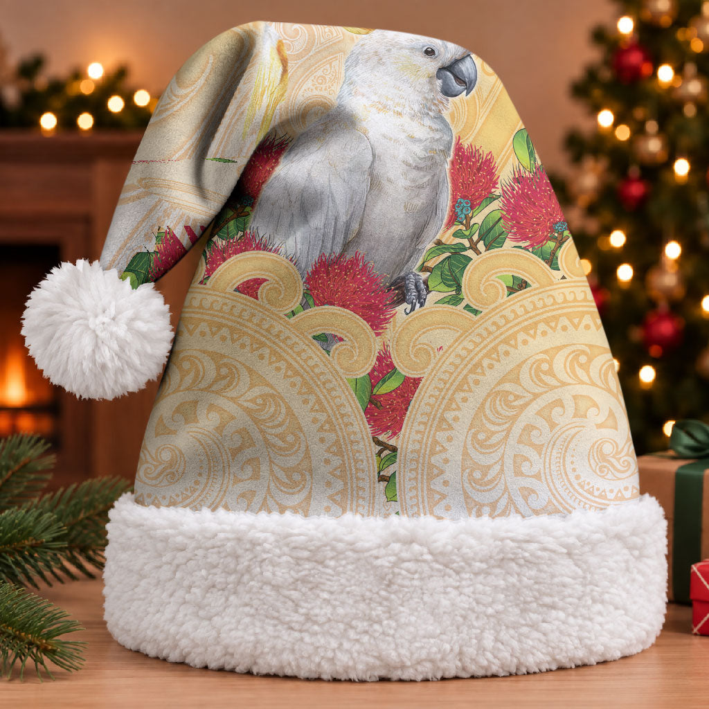 New Zealand Aotearoa Cockatoo Christmas Santa Hat Maori Pattern With Pohutukawa Flowers