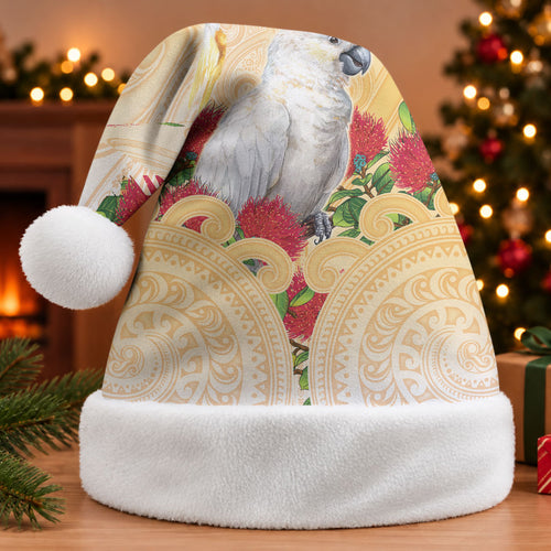 New Zealand Aotearoa Cockatoo Christmas Santa Hat Maori Pattern With Pohutukawa Flowers