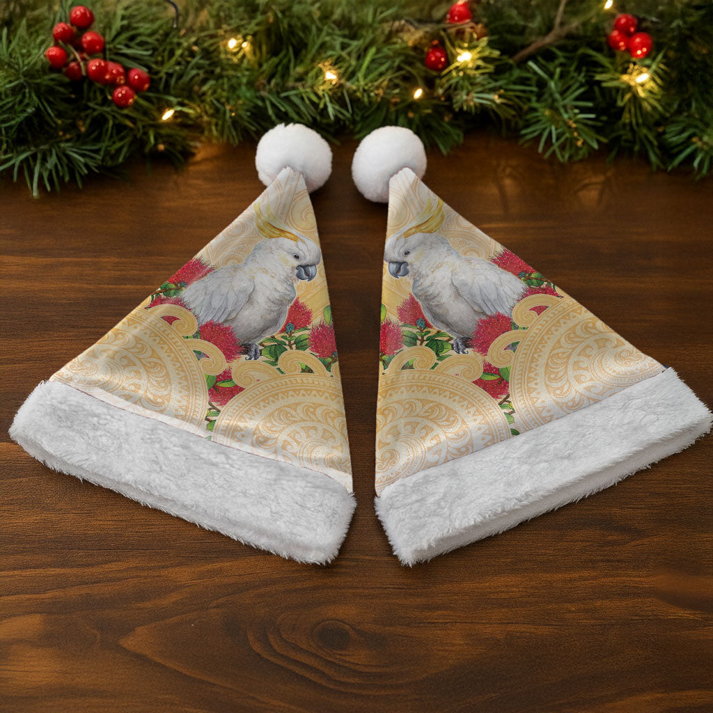 New Zealand Aotearoa Cockatoo Christmas Santa Hat Maori Pattern With Pohutukawa Flowers