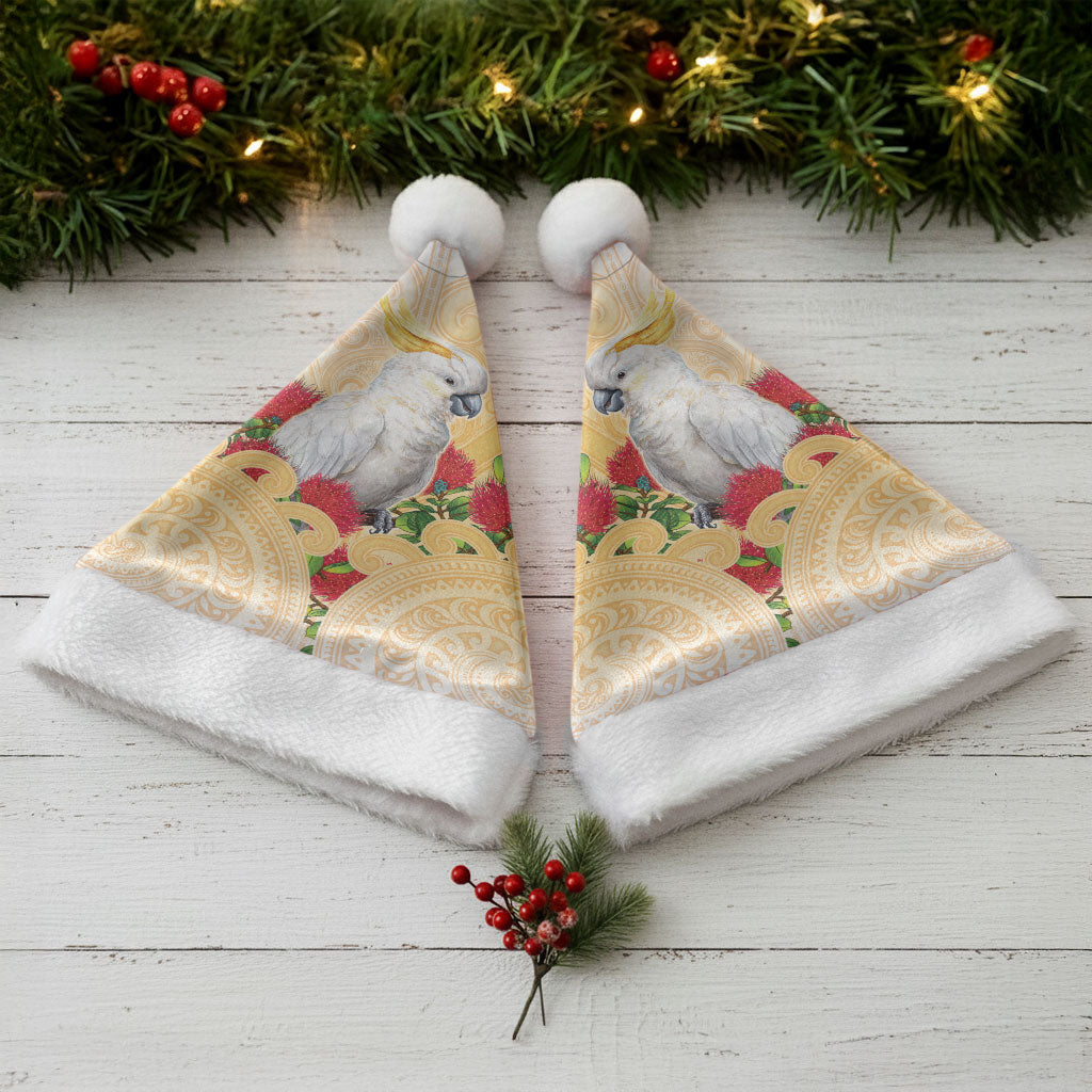 New Zealand Aotearoa Cockatoo Christmas Santa Hat Maori Pattern With Pohutukawa Flowers