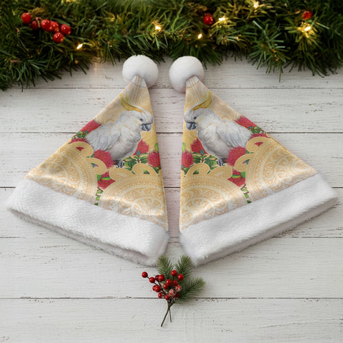 New Zealand Aotearoa Cockatoo Christmas Santa Hat Maori Pattern With Pohutukawa Flowers