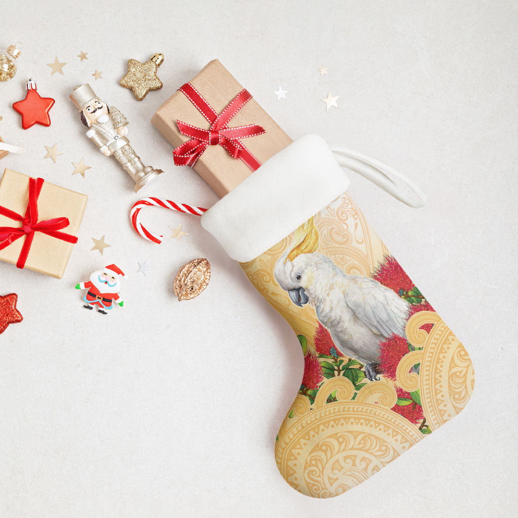 New Zealand Aotearoa Cockatoo Christmas Stocking Maori Pattern With Pohutukawa Flowers