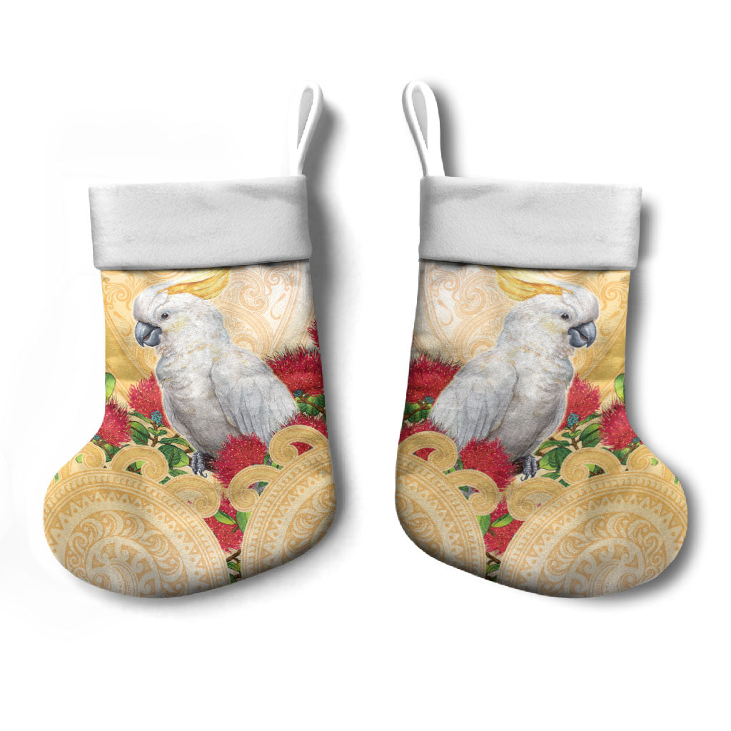 New Zealand Aotearoa Cockatoo Christmas Stocking Maori Pattern With Pohutukawa Flowers