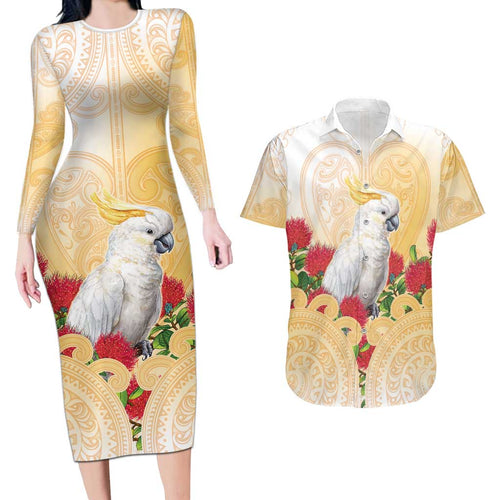 New Zealand Aotearoa Cockatoo Couples Matching Long Sleeve Bodycon Dress and Hawaiian Shirt Maori Pattern With Pohutukawa Flowers