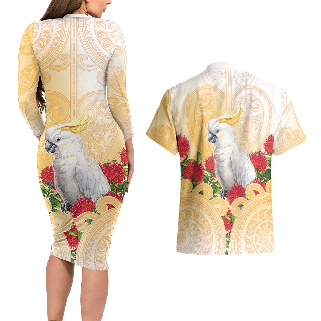 New Zealand Aotearoa Cockatoo Couples Matching Long Sleeve Bodycon Dress and Hawaiian Shirt Maori Pattern With Pohutukawa Flowers