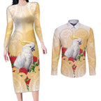 New Zealand Aotearoa Cockatoo Couples Matching Long Sleeve Bodycon Dress and Long Sleeve Button Shirt Maori Pattern With Pohutukawa Flowers