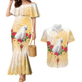 New Zealand Aotearoa Cockatoo Couples Matching Mermaid Dress and Hawaiian Shirt Maori Pattern With Pohutukawa Flowers