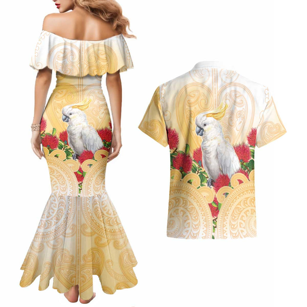 New Zealand Aotearoa Cockatoo Couples Matching Mermaid Dress and Hawaiian Shirt Maori Pattern With Pohutukawa Flowers
