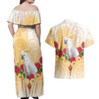 New Zealand Aotearoa Cockatoo Couples Matching Off Shoulder Maxi Dress and Hawaiian Shirt Maori Pattern With Pohutukawa Flowers