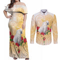 New Zealand Aotearoa Cockatoo Couples Matching Off Shoulder Maxi Dress and Long Sleeve Button Shirt Maori Pattern With Pohutukawa Flowers