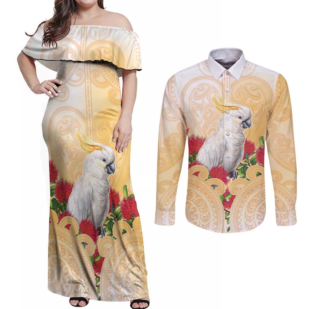 New Zealand Aotearoa Cockatoo Couples Matching Off Shoulder Maxi Dress and Long Sleeve Button Shirt Maori Pattern With Pohutukawa Flowers