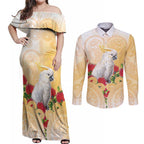 New Zealand Aotearoa Cockatoo Couples Matching Off Shoulder Maxi Dress and Long Sleeve Button Shirt Maori Pattern With Pohutukawa Flowers