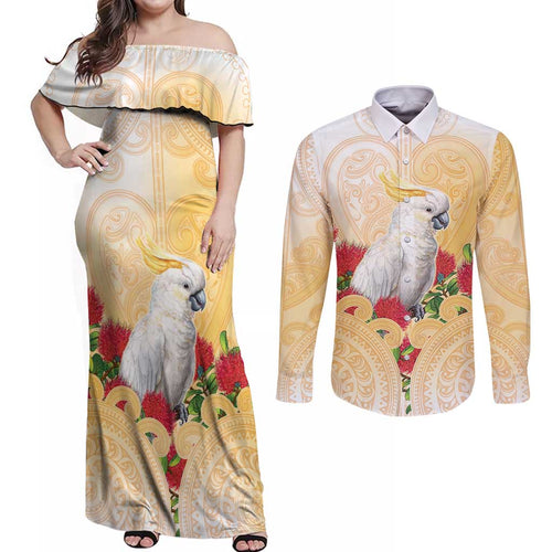 New Zealand Aotearoa Cockatoo Couples Matching Off Shoulder Maxi Dress and Long Sleeve Button Shirt Maori Pattern With Pohutukawa Flowers